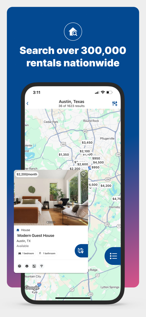 Furnished Finder App-Oberfläche, die eine Karte von Austin, Texas, mit Preispunkten für monatliche Mieten und einer vorgestellten modernen Gästewohnung zeigt.