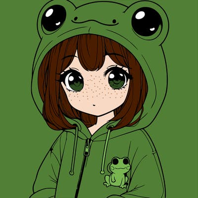 cute realistic girl in a froggy hoodie