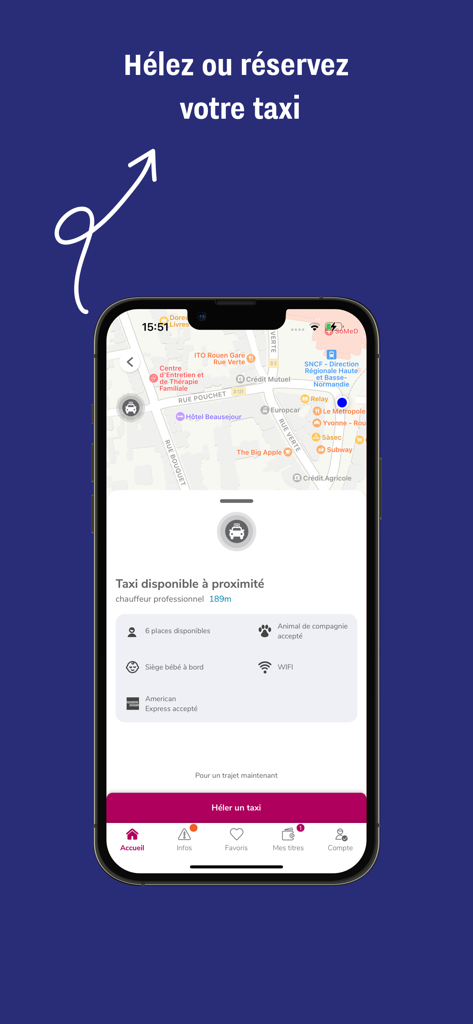 My Astuce - Taxi booking screen in the My Astuce transit app showing nearby available drivers and vehicle features
