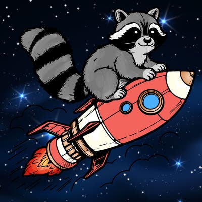 realistic raccoon flying on top rocket ship