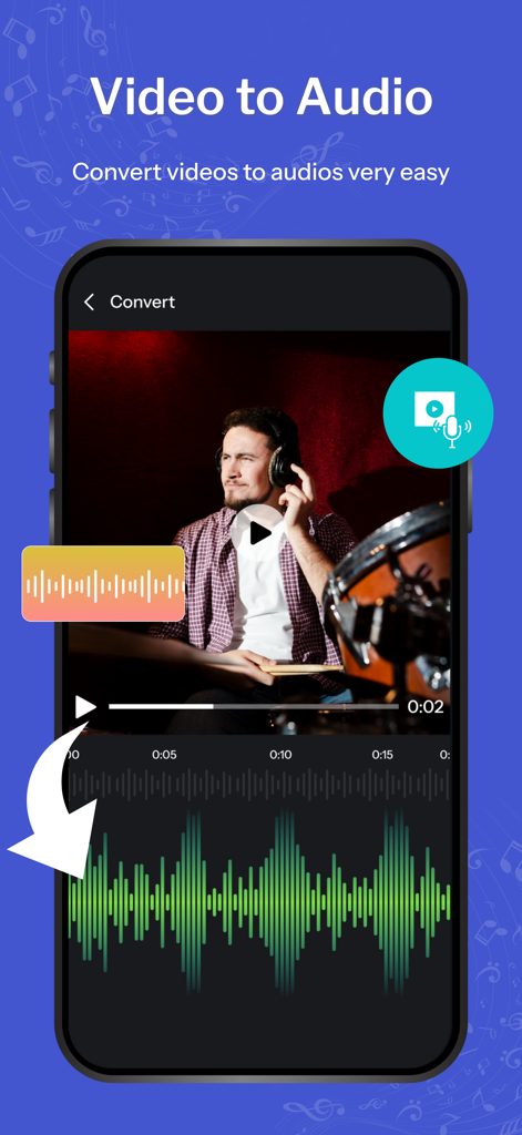 Ringtone Maker: Music Cutter - カスタム着信音用のオーディオ波形にビデオファイルを変換する方法を示すインターフェース。