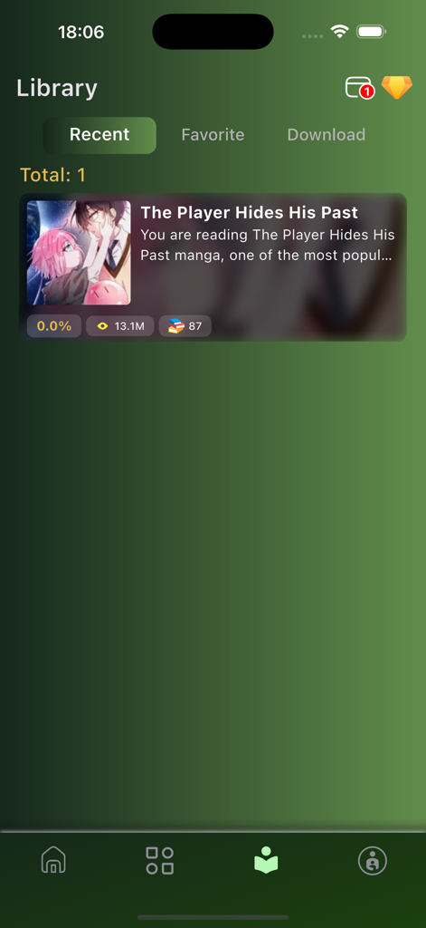 Manga Reader - Manga Nelo - Library interface of Manga Nelo app showing the recent reading list and progress