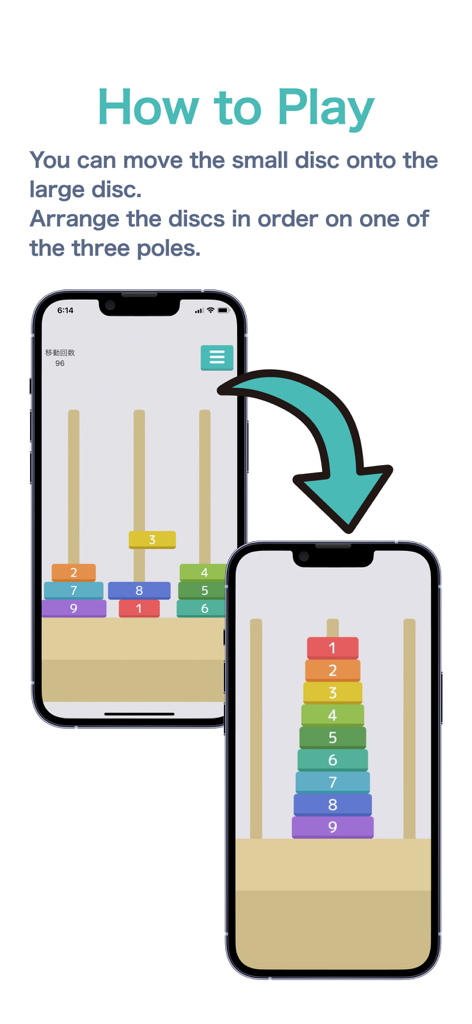 Tower of Hanoi - online puzzle - Reglas del juego de puzzle Torre de Hanói y tutorial de juego que muestra discos numerados de colores