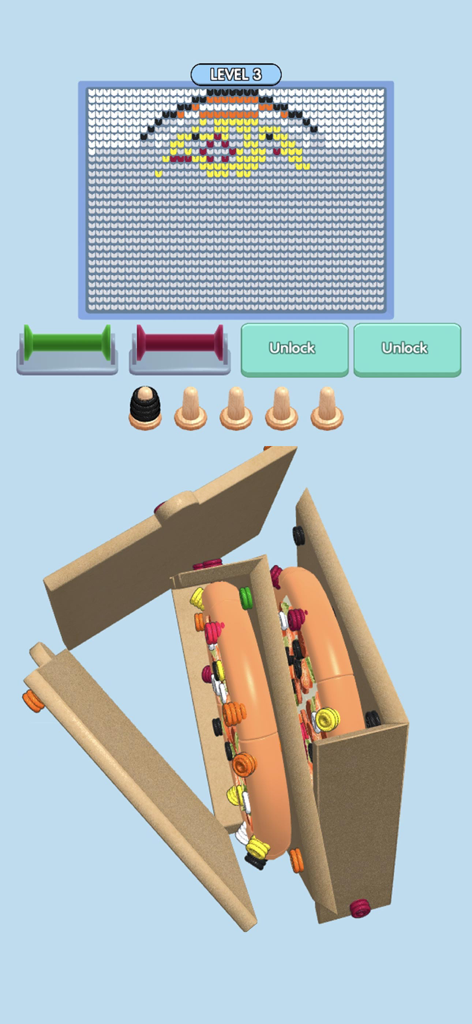 Wool Master 3D - Thread Sort - A 3D yarn sorting puzzle level in Wool Master 3D showing colorful threads and a hidden painting grid