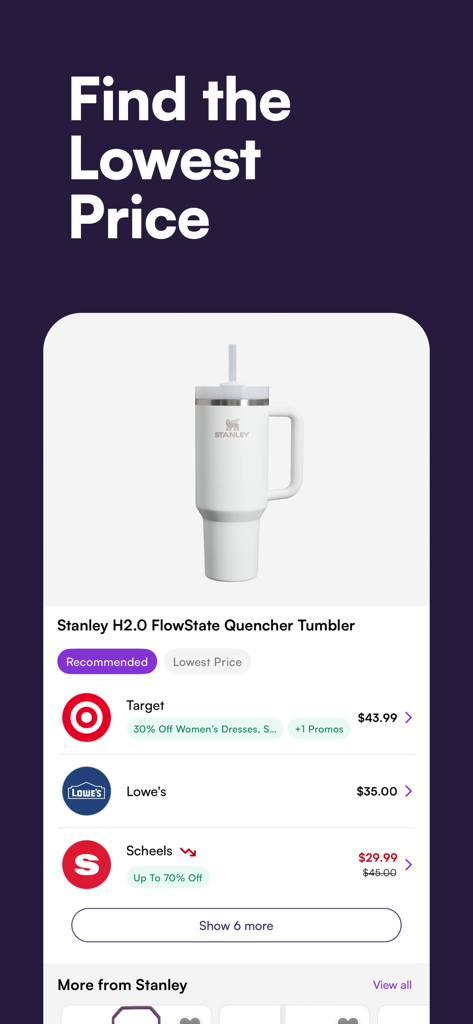 Sezzle app interface showing a price comparison for a Stanley tumbler at Target, Lowe's, and Scheels