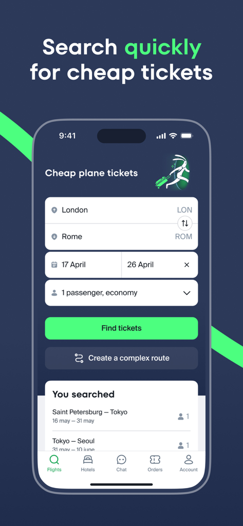 Kupi.com - Search screen for cheap flight tickets on the Kupi app showing options for London to Rome