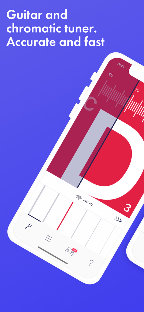 Interface of Tuner ONE app showing a large D note for guitar tuning
