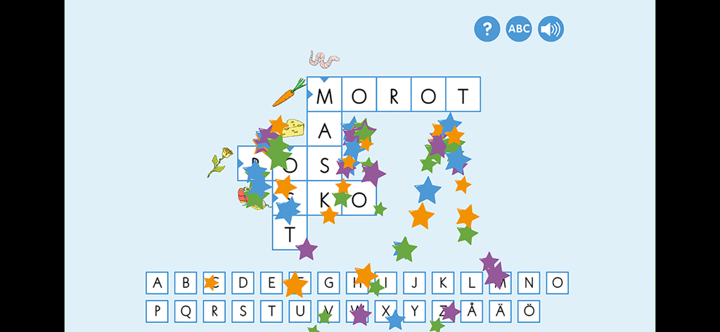 Educational Swedish crossword puzzle interface with falling stars and alphabet keyboard