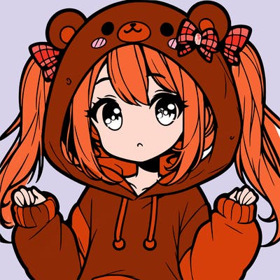 cute anime girl with ponytails and a cute bear hoodie