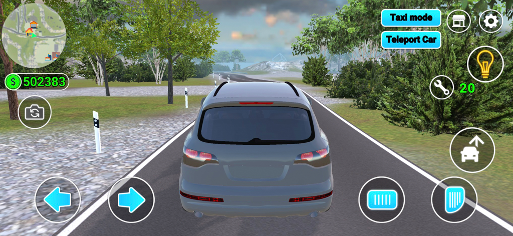 Car Repair Center 3D - Gameplay screen of Car Repair Center 3D showing a grey SUV driving on a road with mobile game controls