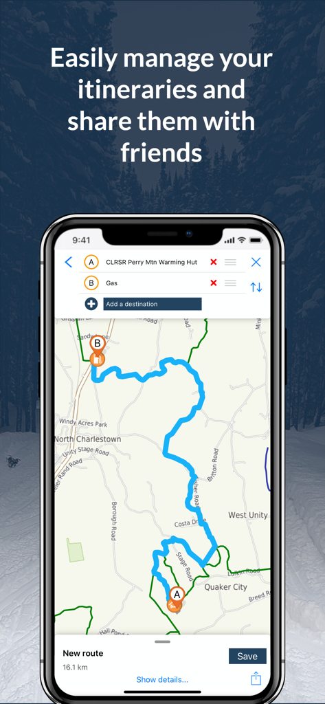 SledNH 2026 mobile app interface showing snowmobile trail route planning and itinerary management features on a map