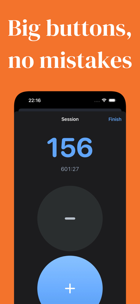 Interfaccia dell'app TapTap plus con pulsanti di conteggio grandi e contatore di sessione attivo