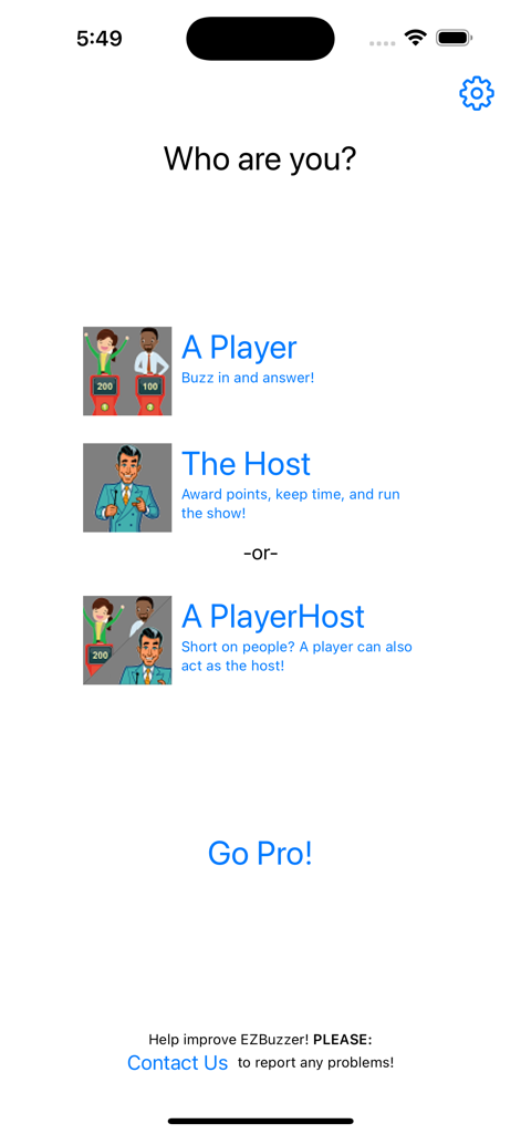 EZBuzzer app home screen asking the user to choose between Player Host and PlayerHost roles