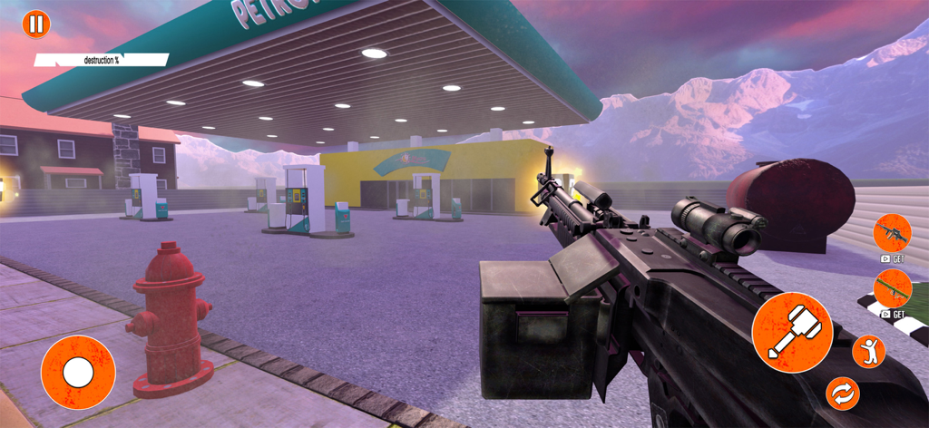 First person view of a machine gun demolition mission at a petrol station in a destruction simulator game.