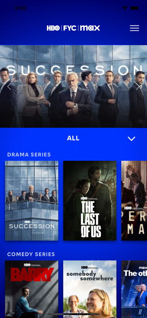HBO Max FYC - Schermata principale dell'app HBO Max FYC che mostra varie serie drammatiche e comiche per la considerazione dei premi