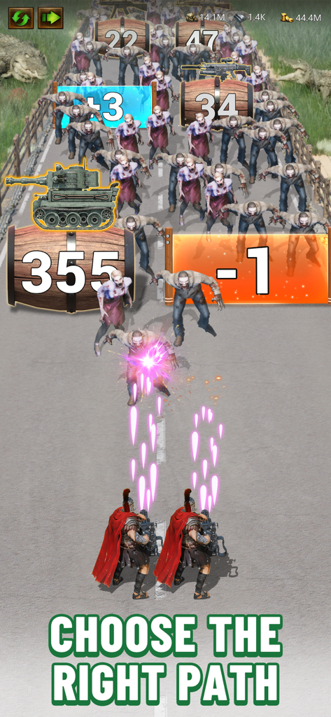 Evony - Evony game screenshot showing a survivor level where players choose the right path and shoot zombies