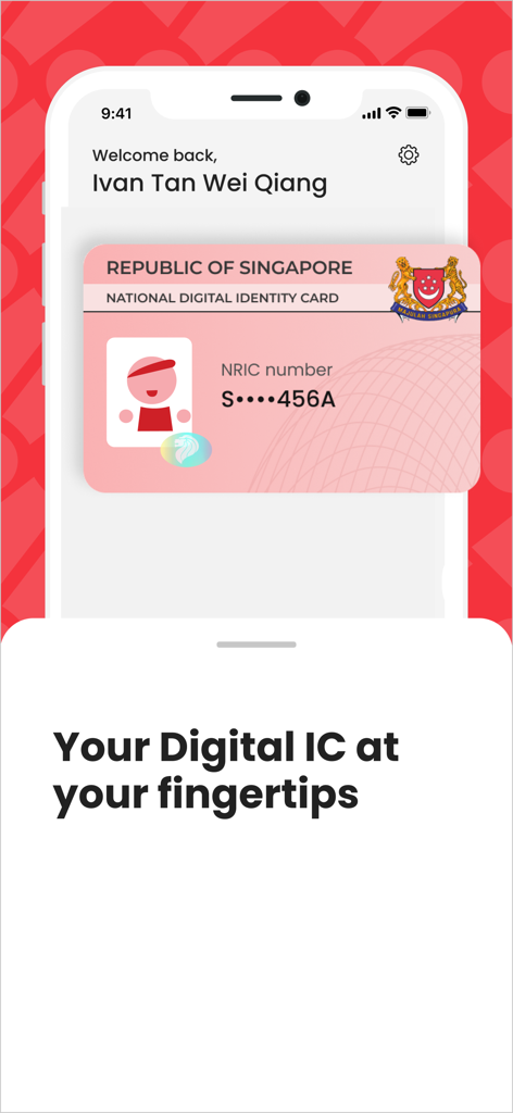 L'interfaccia dell'app Singpass che mostra una carta d'identità digitale nazionale di Singapore su uno smartphone.