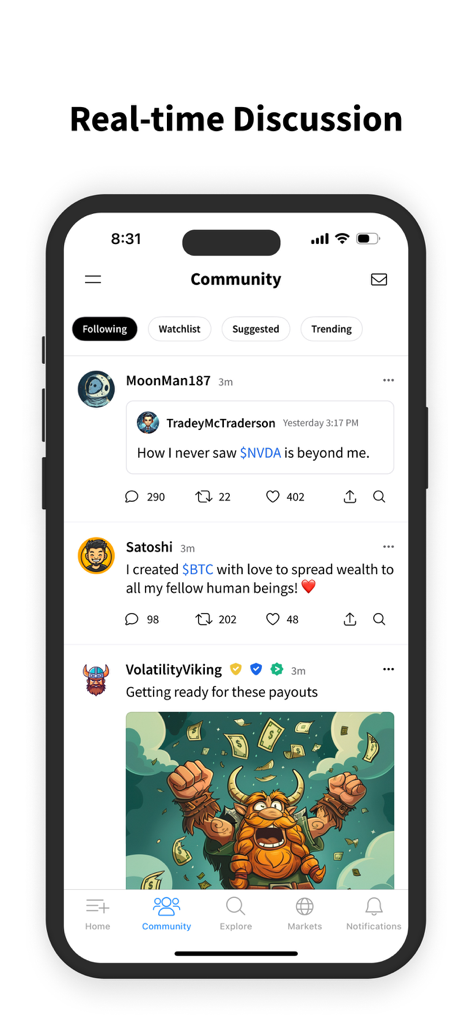 Stocktwits mobile app interface displaying a social feed with real-time investor discussions and cashtags