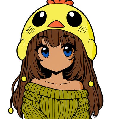 anime girl with chick shaped hat with sweater with bare shoulders with bangs covering them one eye with low tail