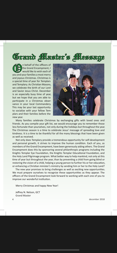 Una página de la Revista Knight Templar con el Mensaje del Gran Maestro y una foto del Gran Maestro y su esposa