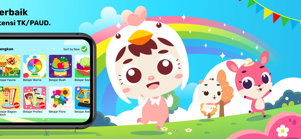 Marbel Pelajaran TK dan Paud - Interfaz de la aplicación Marbel Pelajaran TK dan Paud con módulos de aprendizaje de idiomas indonesios y adorables personajes de dibujos animados