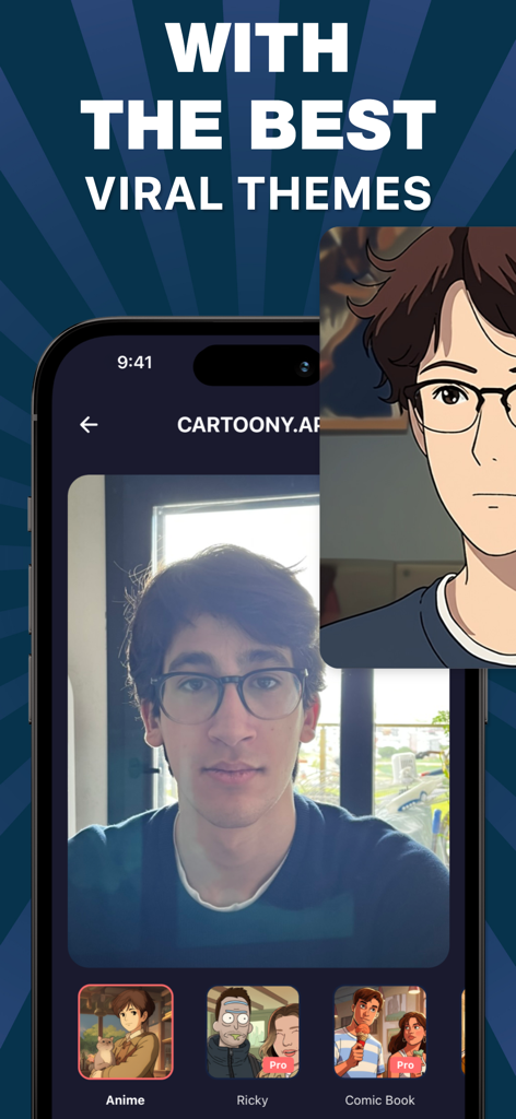 Cartoony: Anime Cartoon Maker - Interface of the Cartoony app transforming a portrait photo into a Ghibli-style anime character using viral AI filters