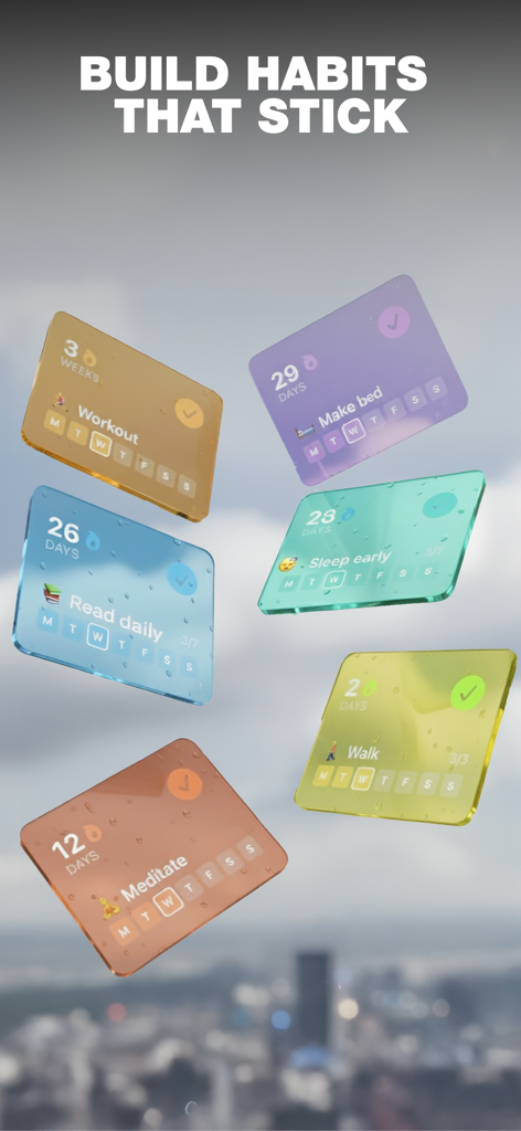 HabitGlass: Habit Tracker - Colorful translucent glass habit tracking cards floating over a city background
