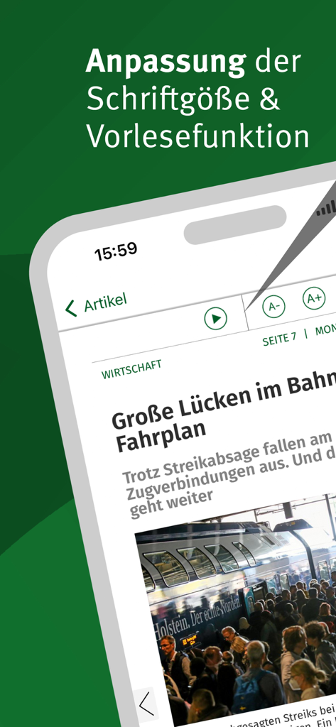 Berliner Morgenpost E-Paper - Captura de tela do aplicativo Berliner Morgenpost E-Paper mostrando o ajuste do tamanho da fonte e os recursos de função de leitura em voz alta