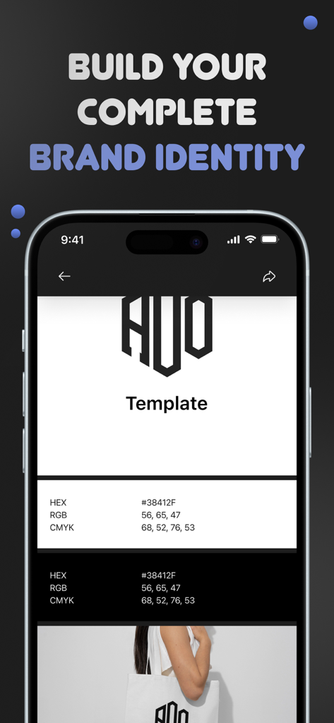 Logo Maker: Creator, Designer - Mobile app interface showing brand identity tools with a logo color codes and a product mockup