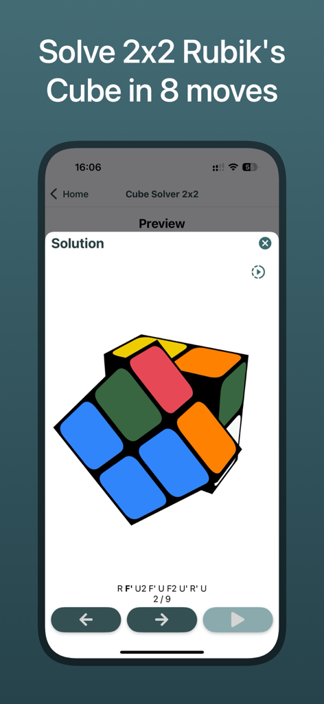 Rubix Cube Solver CubeXpert - Interface do aplicativo CubeXpert demonstrando um solucionador de cubo de Rubik 2x2 com movimentos animados e algoritmos