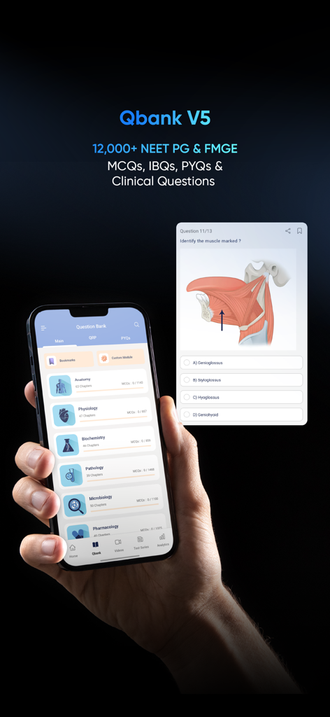 DocTutorials-NEET PG, SS, FMGE - DocTutorials medical app interface showing a question bank with anatomy illustrations for exam preparation