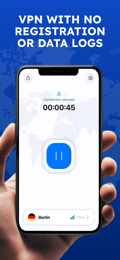 Interfaz de la aplicación Octopus VPN en un smartphone que muestra una conexión segura a un servidor de Berlín sin registros de datos.