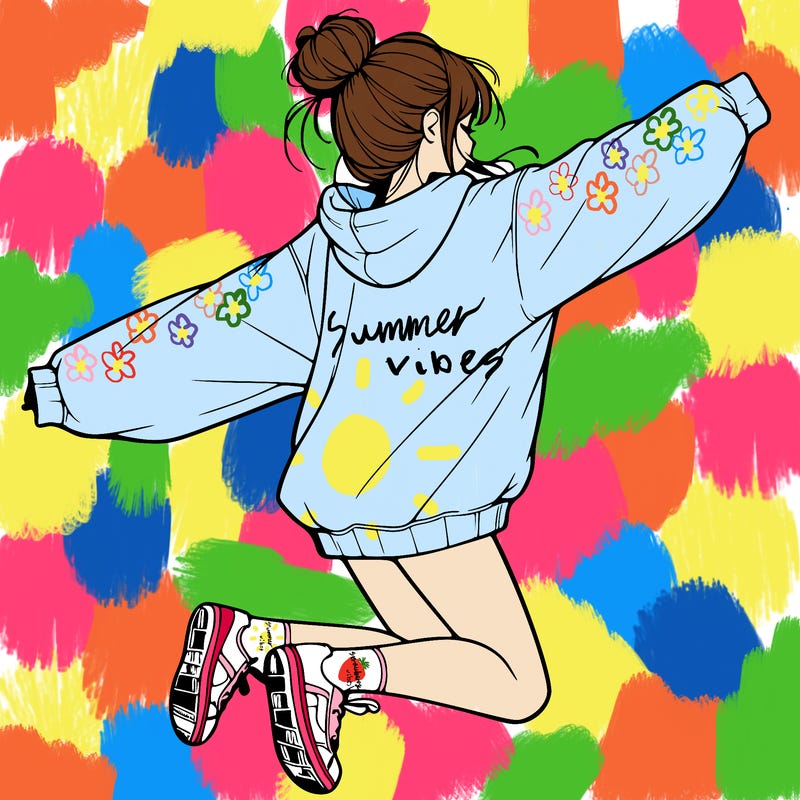 realistic girl jumping with a bun and oversized sweatshirt