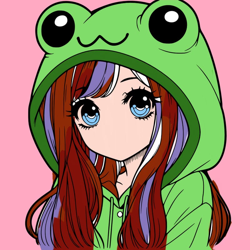 a pretty girl wearing a frog hoodie portrait with long hair