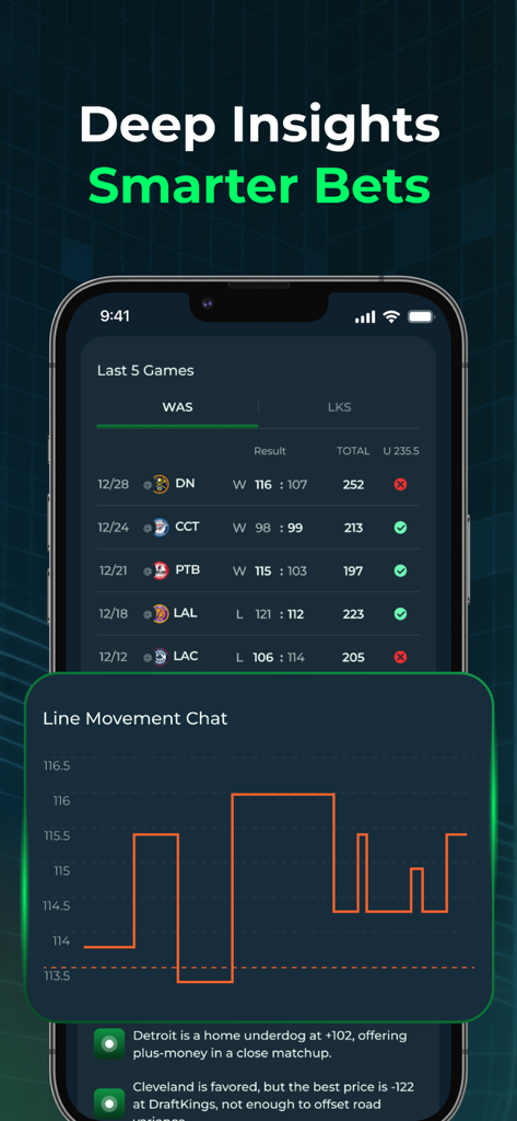 Picks AI - Sports Betting Tool - Mobile app interface showing sports game history and a live line movement chart for data-driven betting