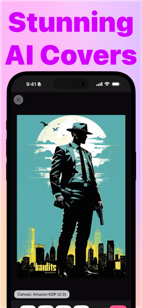 Pantalla de smartphone mostrando la aplicación NovelArt generando una portada de libro con IA para Amazon KDP