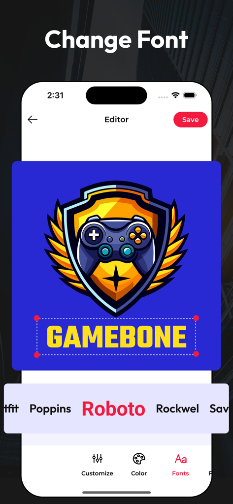 AI Logo Maker: Logo Creator - Interfaz de Creador de Logos con IA mostrando opciones de fuentes para un diseño de logo de videojuegos