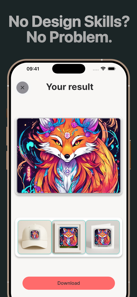 Kittl AI Studio — Logo Design - Une capture d'écran de Kittl AI Studio montrant un logo de renard généré par IA appliqué à des maquettes de produits.