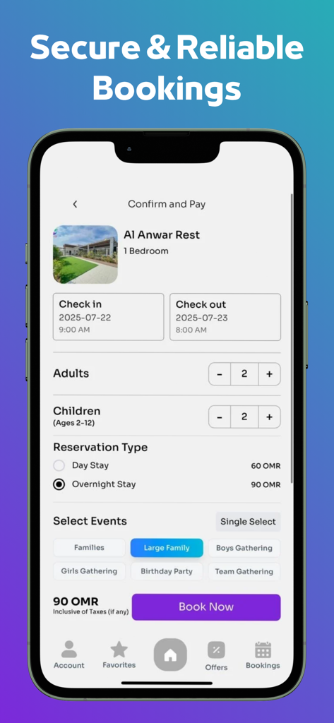 Masarrah: Oman Chalets & Flats - Confirm and pay screen on the Masarrah app for an overnight stay at a chalet in Oman.
