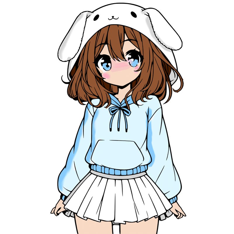 pretty anime girl wearing a fluffy hoodie with bunny ears on the hood and a skirt