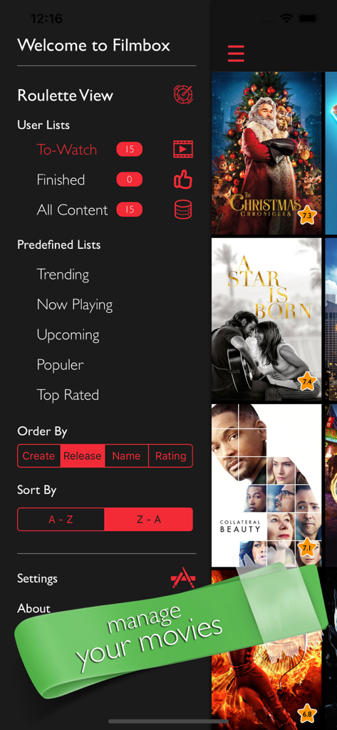 Filmbox Smart Movie Manager - Menu latéral de l'application Filmbox montrant les catégories de films et les options de gestion de liste