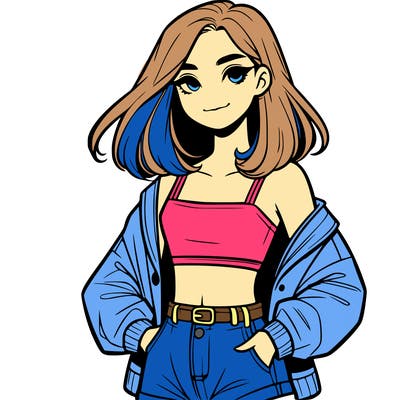 a realistic girl with a crop top and short shorts in an open jacket