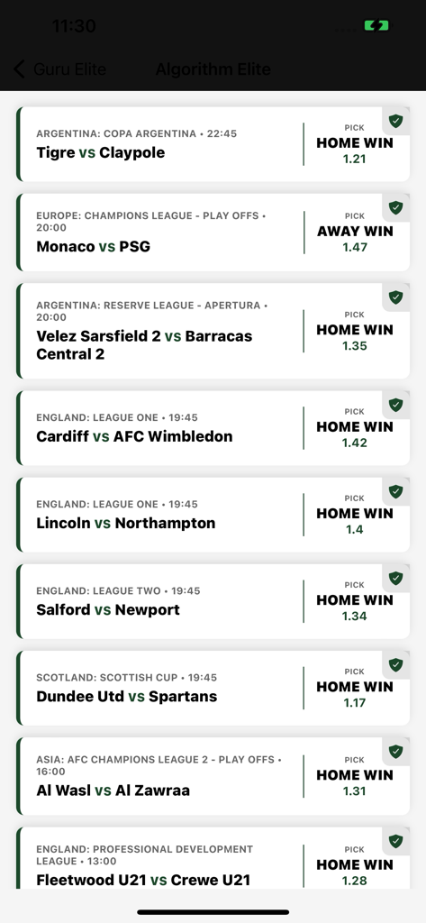 BetGuru: Football Betting Tips - Panel de Algoritmo de Élite de la aplicación BetGuru que muestra predicciones de victoria de partidos de fútbol y cuotas.