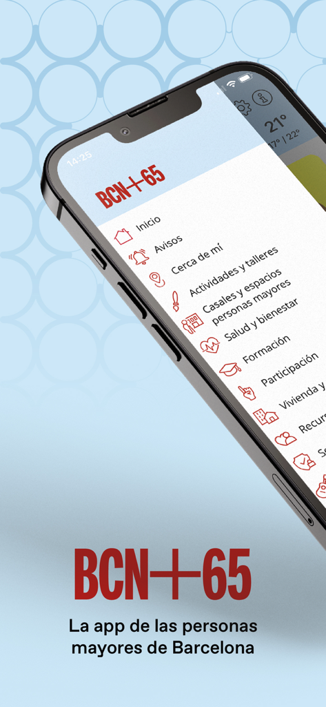 BCN+65 - 바르셀로나 시니어들을 위한 BCN plus 65 모바일 애플리케이션의 메인 메뉴로, 다양한 서비스 카테고리를 보여줍니다.