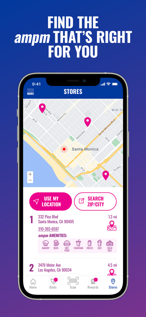 ampm - ampm mobile app store locator showing gas station locations and amenities on a map in Santa Monica California