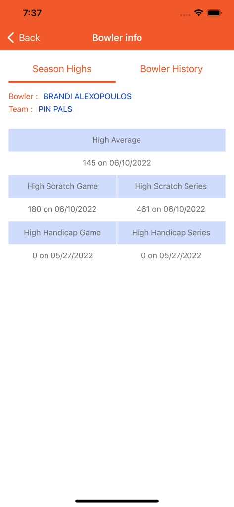 League Secretary - Screenshot of the League Secretary app showing a bowler's season high scores and averages