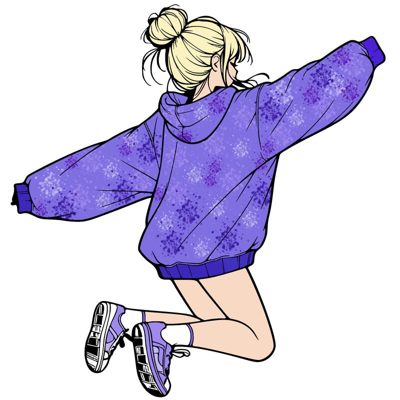 realistic girl jumping with a bun and oversized sweatshirt