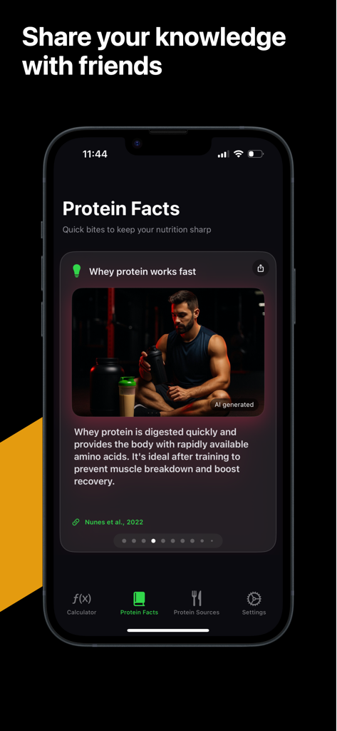 Protein Calculator – Guide - A mobile app screen showing a protein fact about whey protein for muscle recovery and fat loss