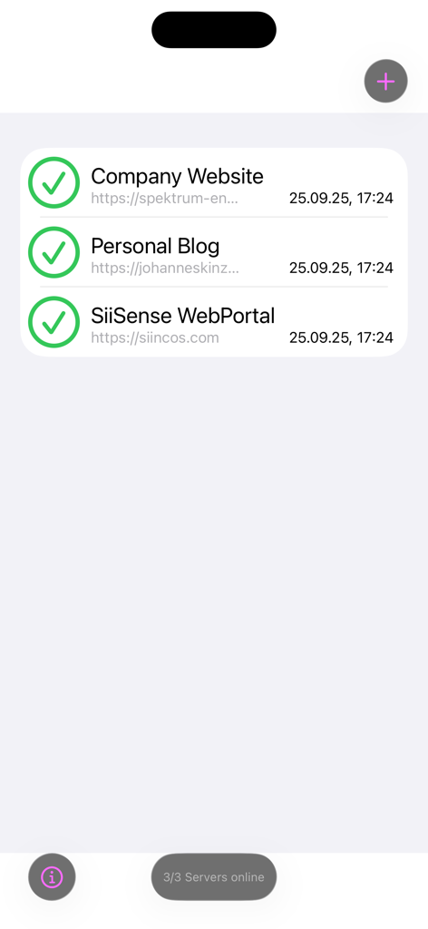 Main dashboard of the WebServerMonitor app showing a list of monitored websites with green checkmarks indicating they are online.