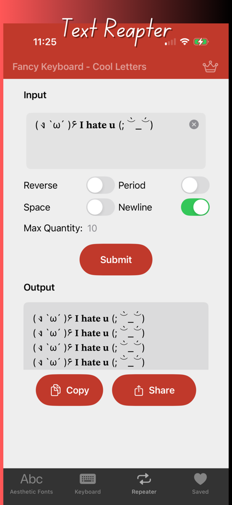 Fancy Keyboard - Cool Letters - Interface de la fonctionnalité de répétition de texte dans l'application Fancy Keyboard montrant du texte répété avec des symboles